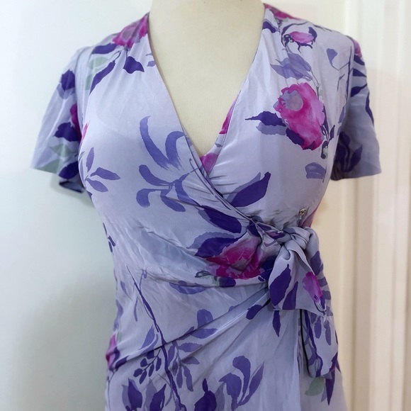 Vintage Silk Wrap Knotted Floral Purple and Pink Print Dress - Picture 3 of 8